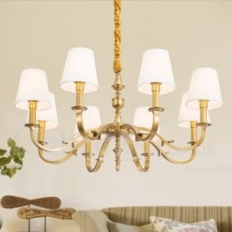 Lampadario a sospensione rustico retrò in ottone di lusso a 8 luci con paralume in tessuto