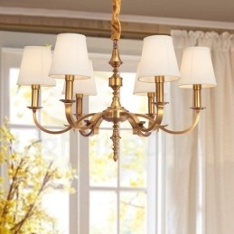 Lampadario a sospensione in ottone rustico retrò a 6 luci con paralume in tessuto