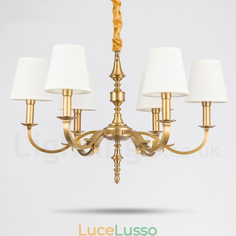 Lampadario a sospensione in ottone rustico retrò a 6 luci con paralume in tessuto