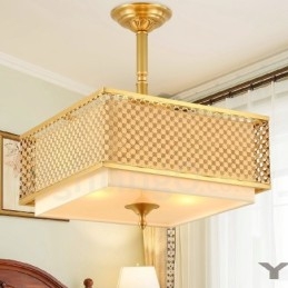 Lampadario a sospensione in ottone rustico retrò a 4 luci con paralume in tessuto