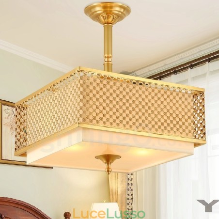 Lampadario a sospensione in ottone rustico retrò a 4 luci con paralume in tessuto Lampadario a sospensione in ottone rustico retrò a 4 luci con paralume in tessuto