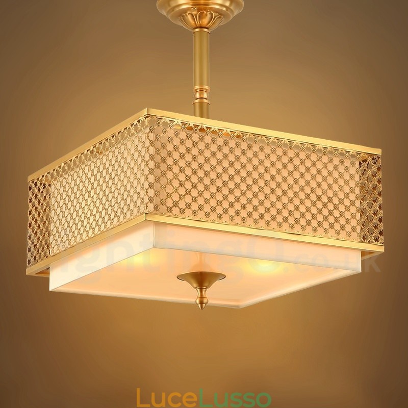 Lampadario a sospensione in ottone rustico retrò a 4 luci con paralume in tessuto