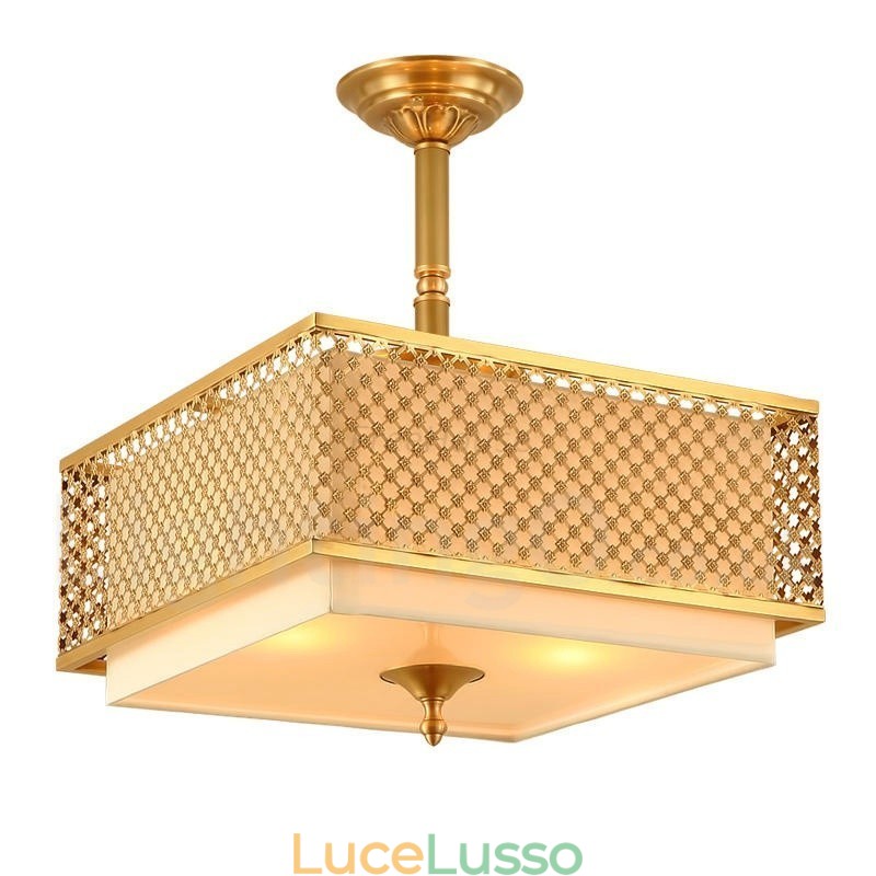 Lampadario a sospensione in ottone rustico retrò a 4 luci con paralume in tessuto