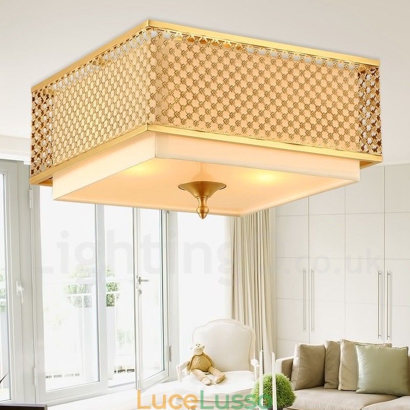 Lampadario a sospensione in ottone rustico retrò a 4 luci con paralume in tessuto
