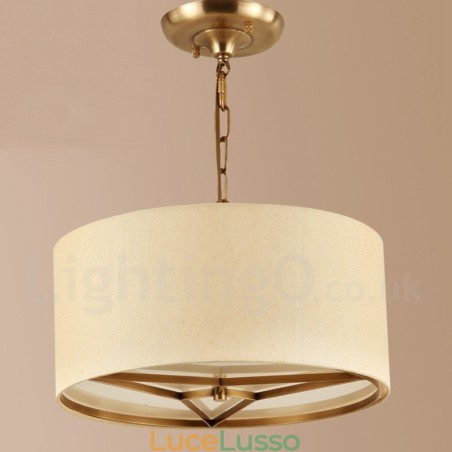 Lampadario a sospensione in ottone rustico retrò a 4 luci con paralume in tessuto Lampadario a sospensione in ottone rustico retrò a 4 luci con paralume in tessuto