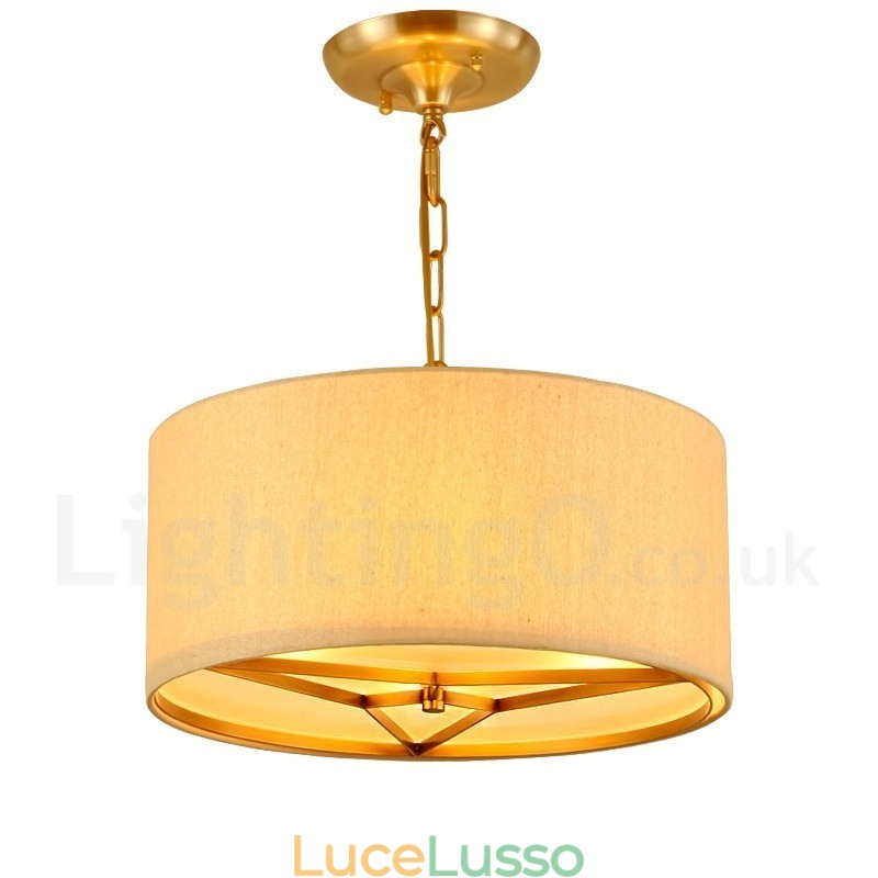 Lampadario a sospensione in ottone rustico retrò a 4 luci con paralume in tessuto
