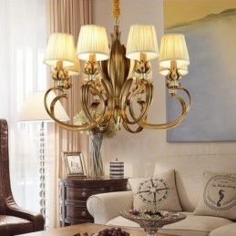 Lampadario a sospensione rustico retrò in ottone di lusso a 8 luci con paralume in tessuto