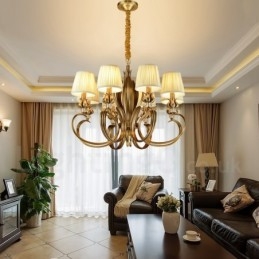 Lampadario a sospensione rustico retrò in ottone di lusso a 8 luci con paralume in tessuto