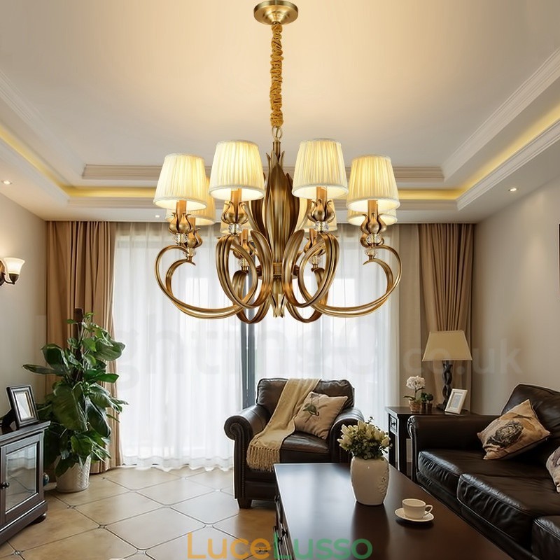 Lampadario a sospensione rustico retrò in ottone di lusso a 8 luci con paralume in tessuto