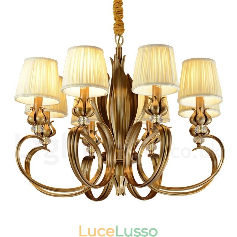 Lampadario a sospensione rustico retrò in ottone di lusso a 8 luci con paralume in tessuto