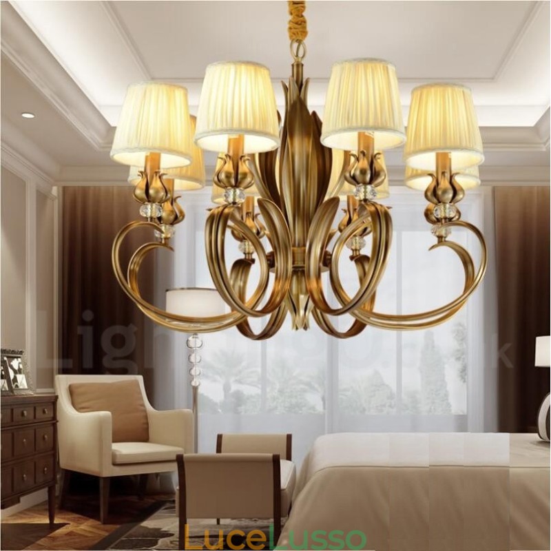 Lampadario a sospensione rustico retrò in ottone di lusso a 8 luci con paralume in tessuto