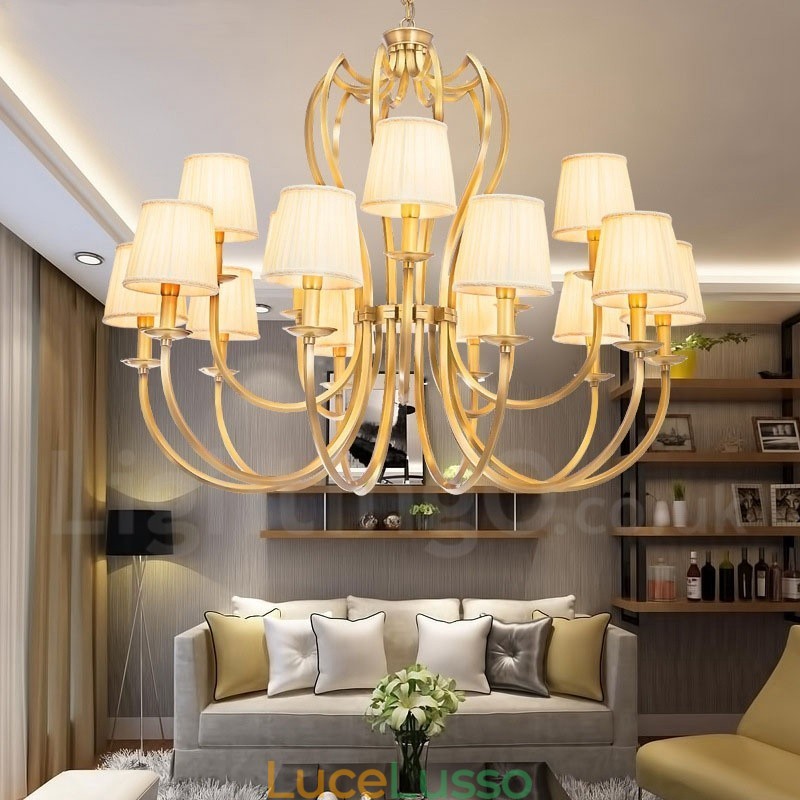 Lampadario a sospensione in ottone rustico retrò da 18 luci con paralume in tessuto