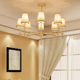 Lampadario a sospensione in ottone rustico retrò da 8 luci con paralume in tessuto