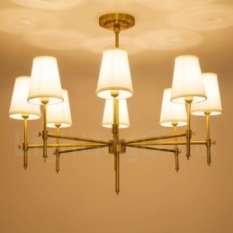 Lampadario a sospensione in ottone rustico retrò da 8 luci con paralume in tessuto