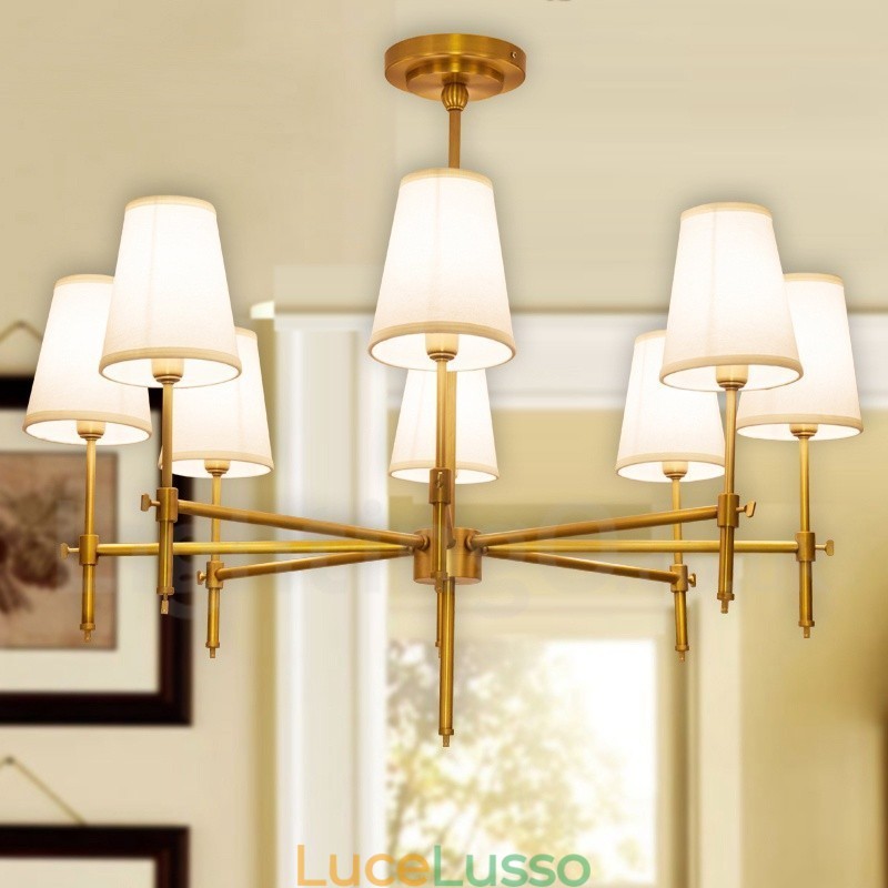 Lampadario a sospensione in ottone rustico retrò da 8 luci con paralume in tessuto