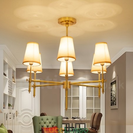 Lampadario a sospensione in ottone rustico retrò a 6 luci con paralume in tessuto Lampadario a sospensione in ottone rustico retrò a 6 luci con paralume in tessuto