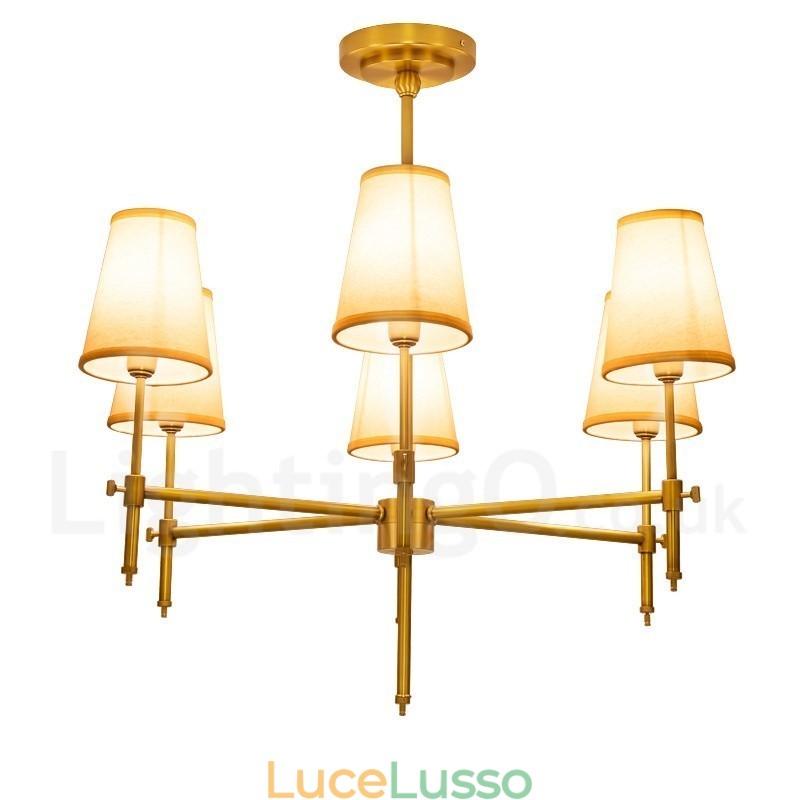Lampadario a sospensione in ottone rustico retrò a 6 luci con paralume in tessuto