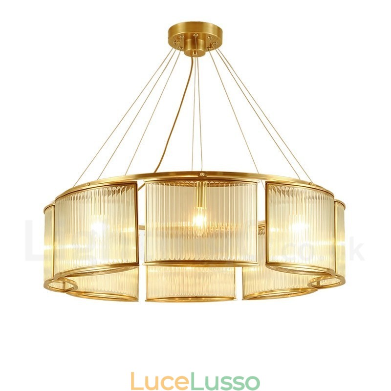 Lampadario a sospensione in ottone rustico retrò da 8 luci con paralume in vetro