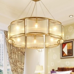 Lampadario a sospensione in ottone rustico retrò da 8 luci con paralume in vetro