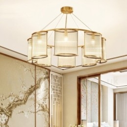 Lampadario a sospensione in ottone rustico retrò da 8 luci con paralume in vetro