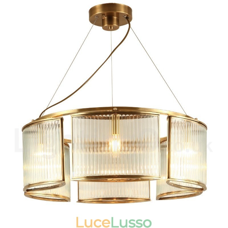 Lampadario a sospensione in ottone rustico retrò a 6 luci con paralume in vetro