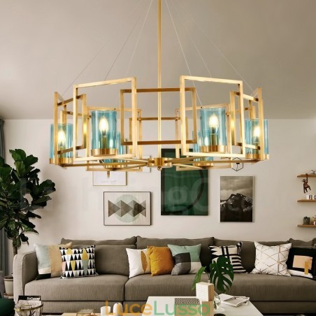 Lampadario a sospensione in ottone rustico retrò a 6 luci con paralume in vetro Lampadario a sospensione in ottone rustico retrò a 6 luci con paralume in vetro