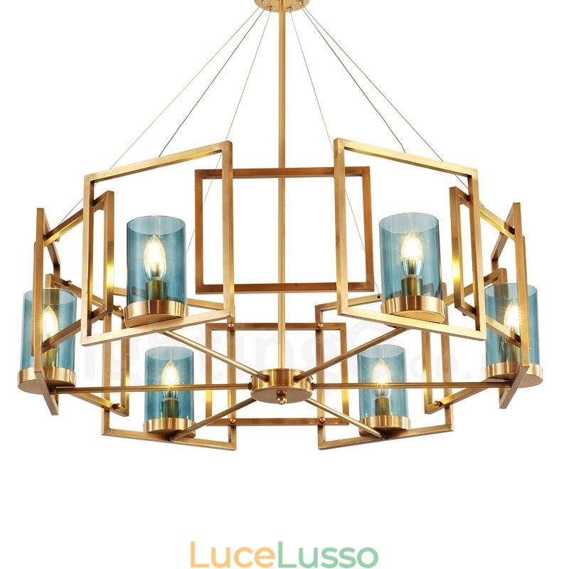 Lampadario a sospensione in ottone rustico retrò a 6 luci con paralume in vetro
