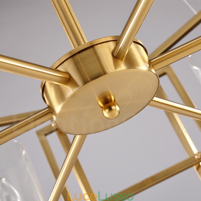 Lampadario a sospensione in ottone rustico retrò a 6 luci con paralume in vetro