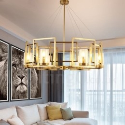 Lampadario a sospensione in ottone rustico retrò a 6 luci con paralume in vetro