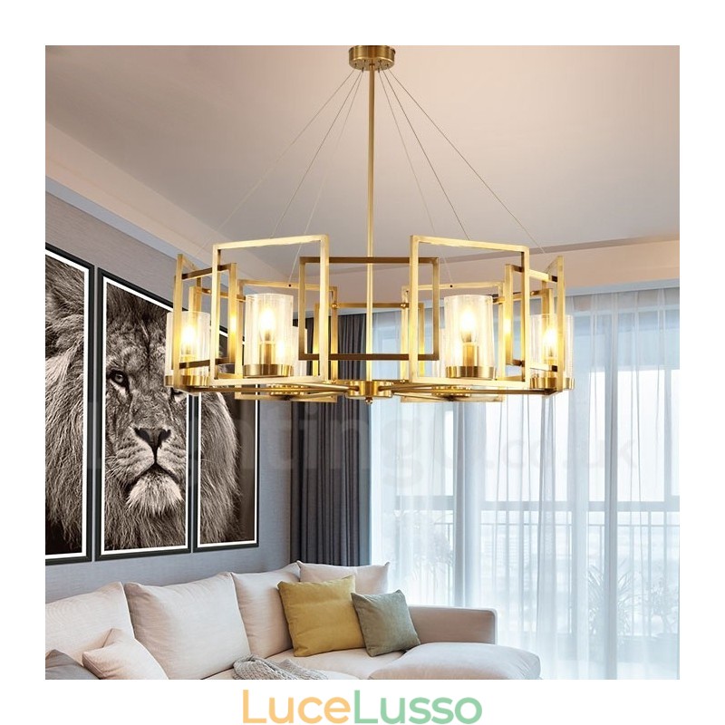 Lampadario a sospensione in ottone rustico retrò a 6 luci con paralume in vetro