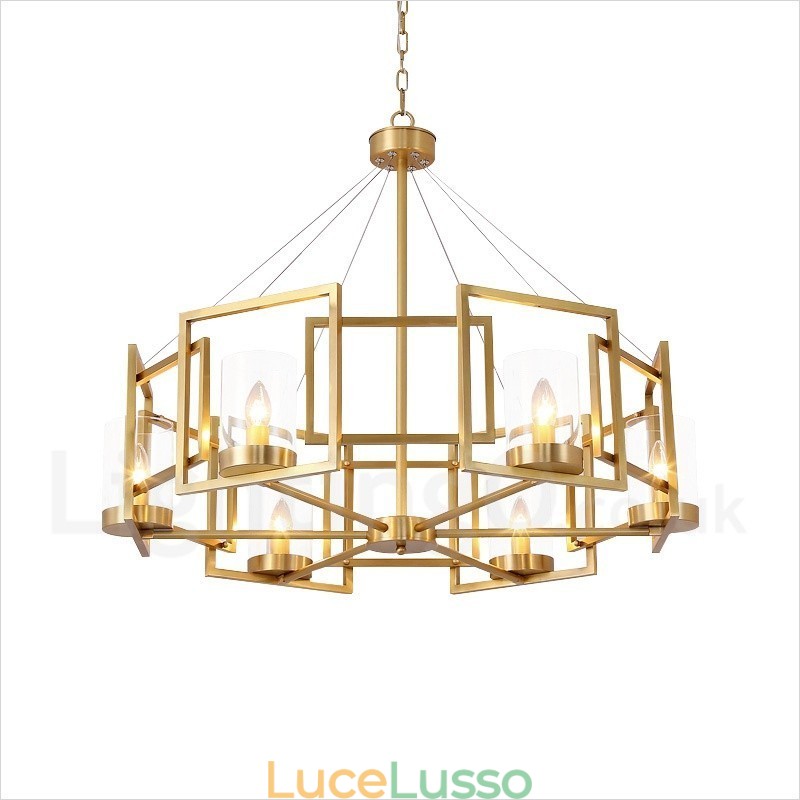 Lampadario a sospensione in ottone rustico retrò a 6 luci con paralume in vetro