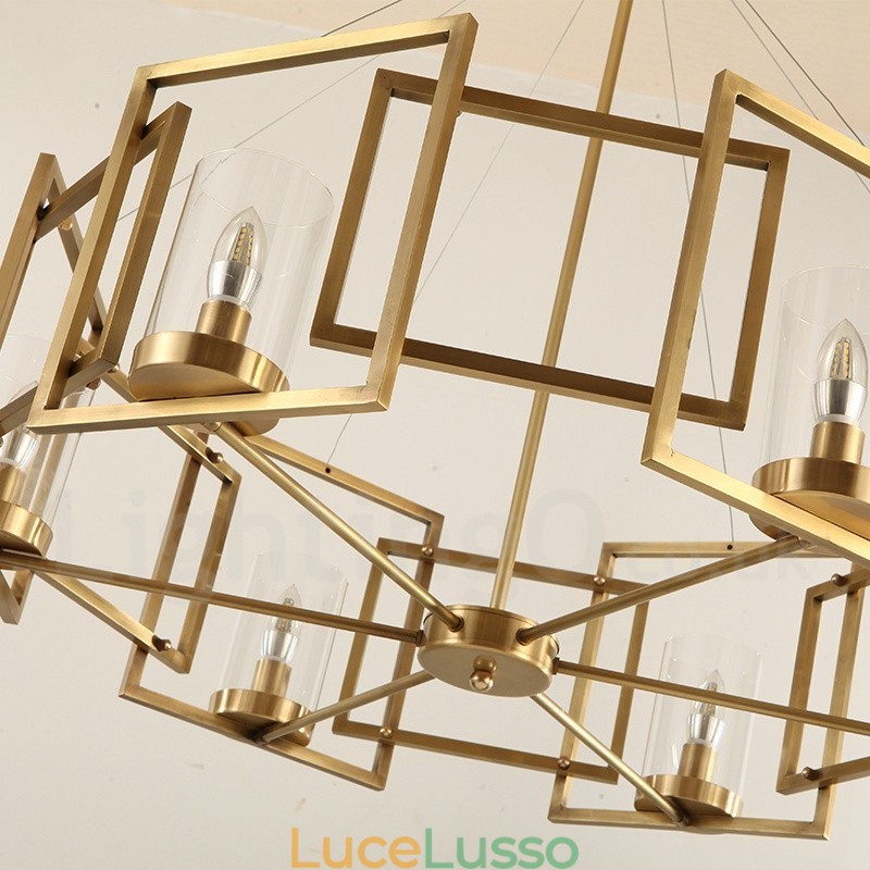 Lampadario a sospensione in ottone rustico retrò a 6 luci con paralume in vetro