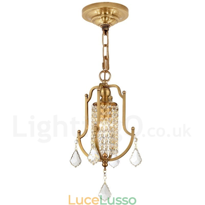 Lampadario a sospensione in ottone rustico retrò da 1 luce con paralume in cristallo