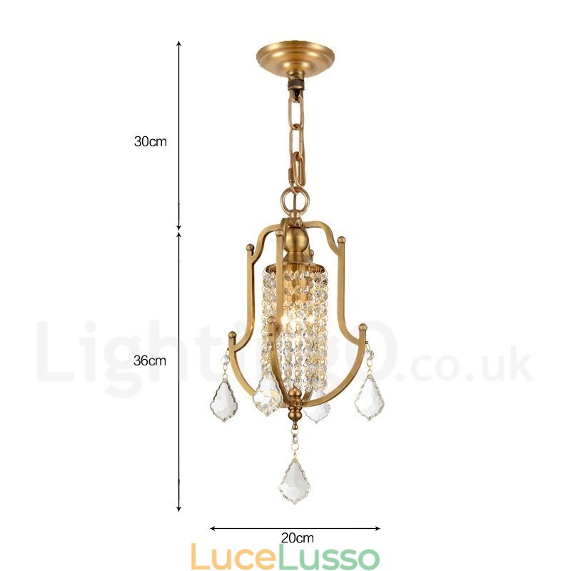 Lampadario a sospensione in ottone rustico retrò da 1 luce con paralume in cristallo