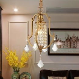 Lampadario a sospensione in ottone rustico retrò da 1 luce con paralume in cristallo