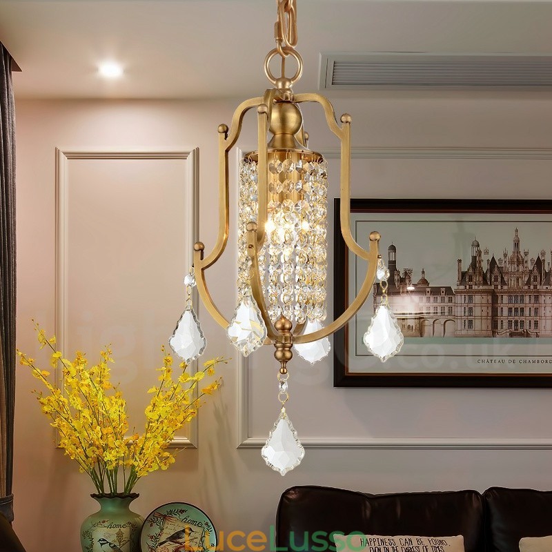 Lampadario a sospensione in ottone rustico retrò da 1 luce con paralume in cristallo