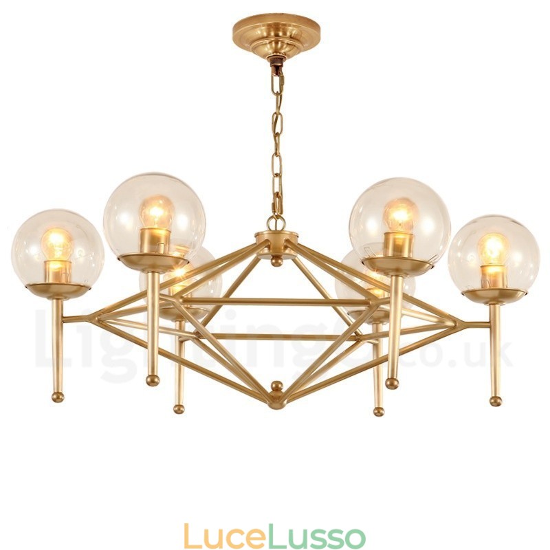 Lampadario a sospensione in ottone rustico retrò a 6 luci con paralume in vetro