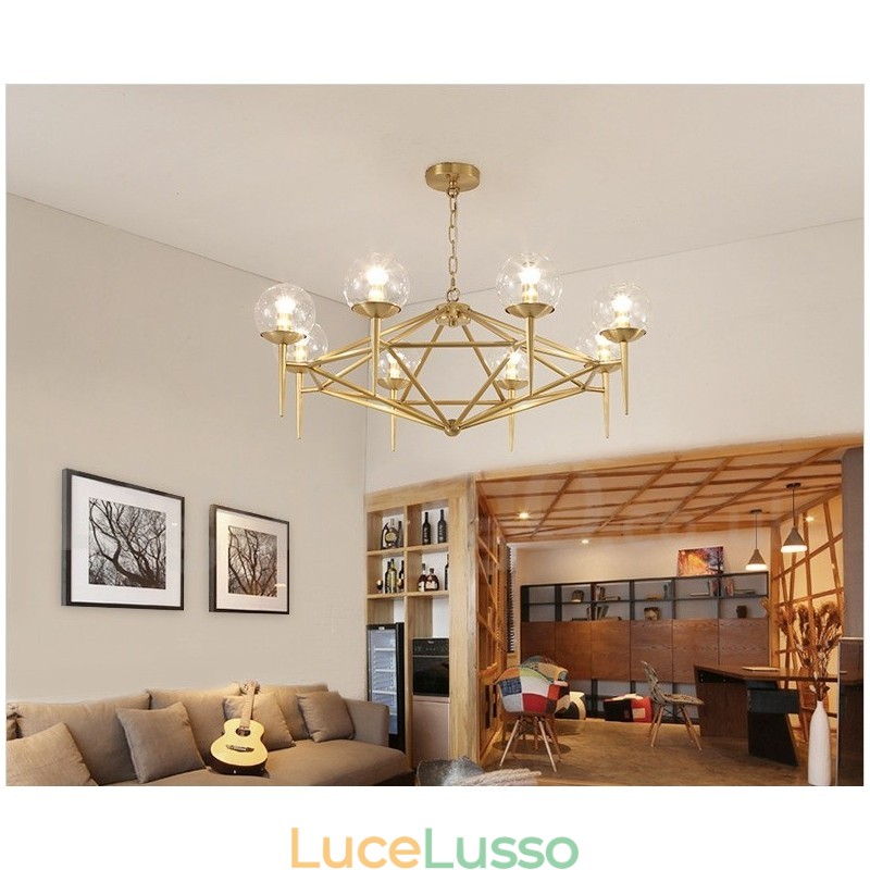 Lampadario a sospensione in ottone rustico retrò a 6 luci con paralume in vetro