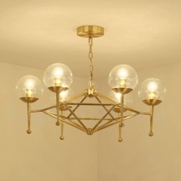 Lampadario a sospensione in ottone rustico retrò a 6 luci con paralume in vetro