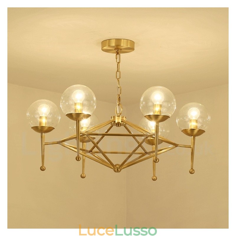 Lampadario a sospensione in ottone rustico retrò a 6 luci con paralume in vetro