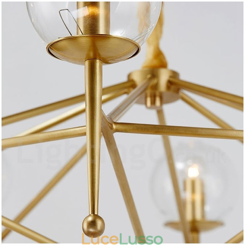 Lampadario a sospensione in ottone rustico retrò a 6 luci con paralume in vetro