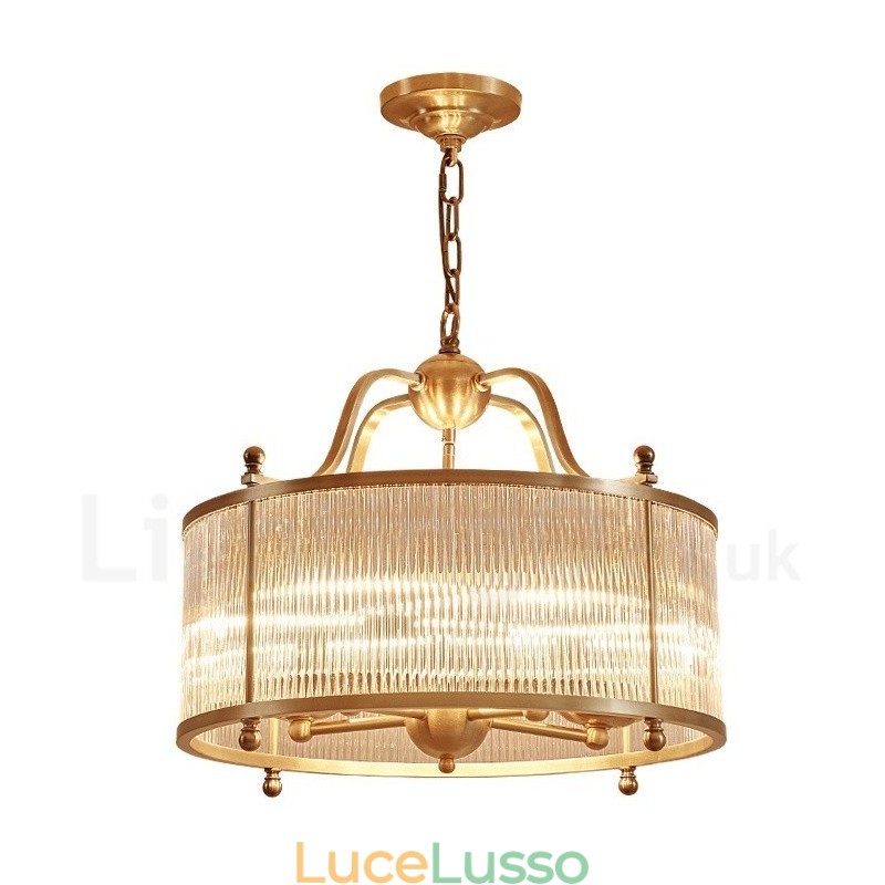 Lampadario a sospensione in ottone rustico retrò a 5 luci con paralume in vetro