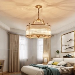Lampadario a sospensione in ottone rustico retrò a 5 luci con paralume in vetro
