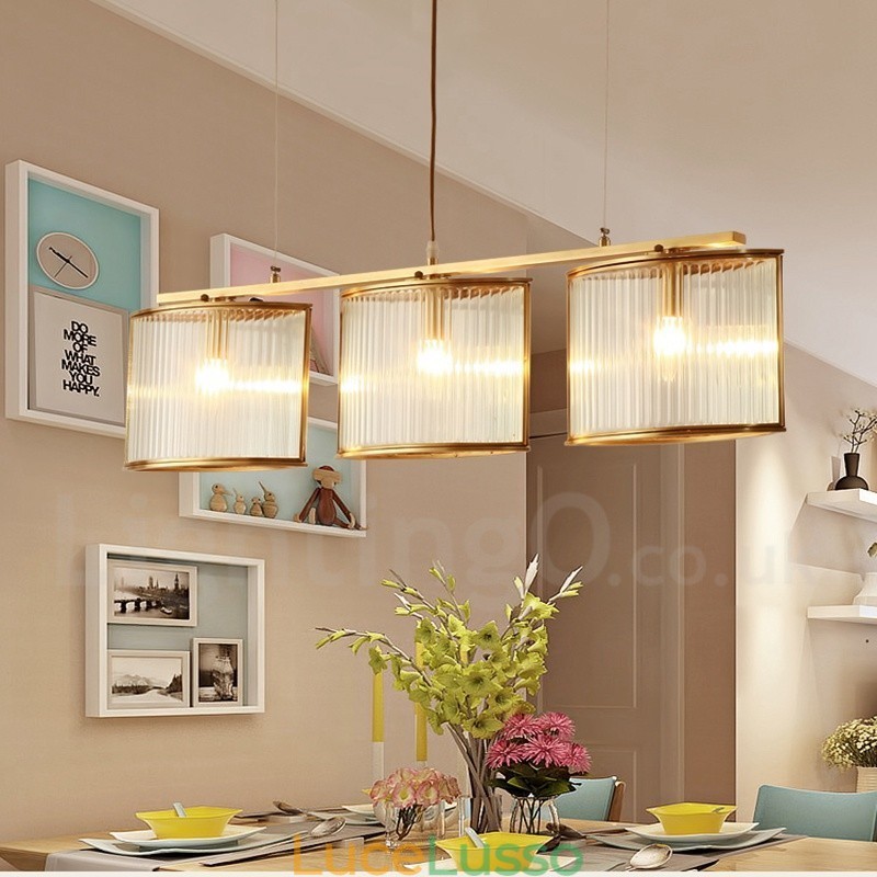 Lampadario a sospensione in ottone rustico retrò a 3 luci con paralume in vetro