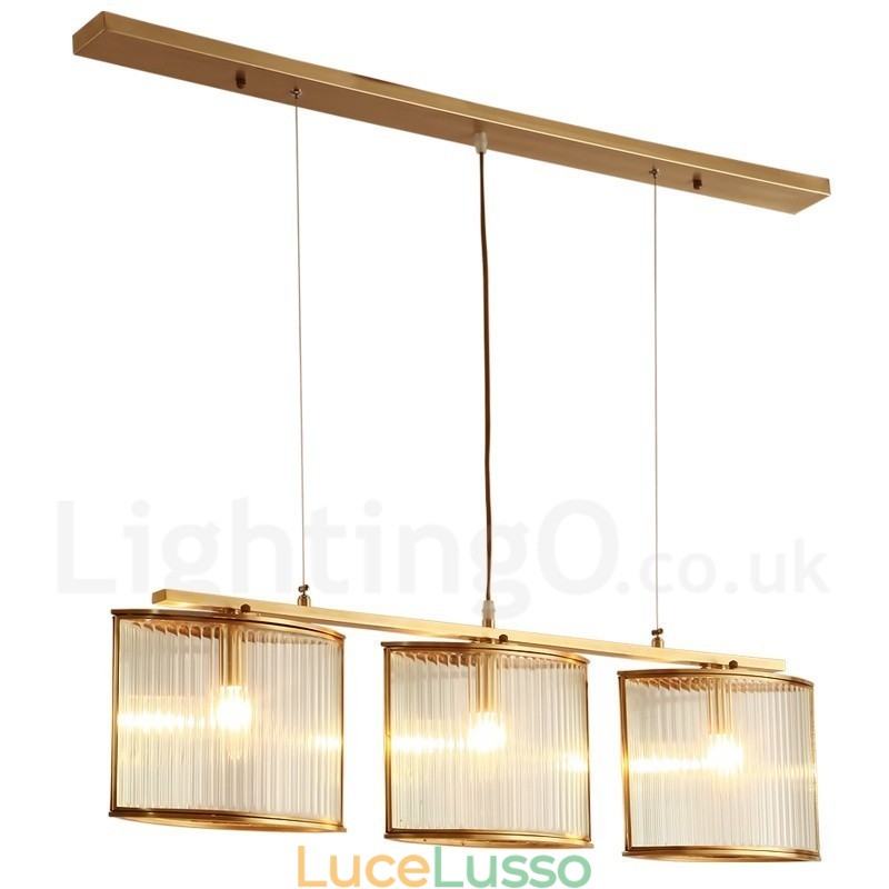 Lampadario a sospensione in ottone rustico retrò a 3 luci con paralume in vetro