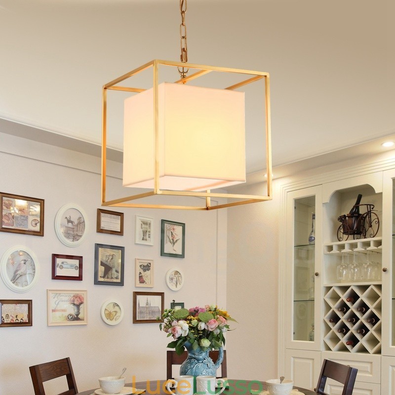 Lampadario a sospensione in ottone rustico retrò da 1 luce con paralume in tessuto