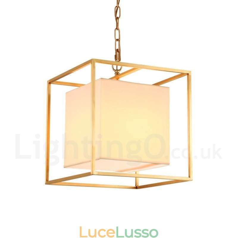 Lampadario a sospensione in ottone rustico retrò da 1 luce con paralume in tessuto