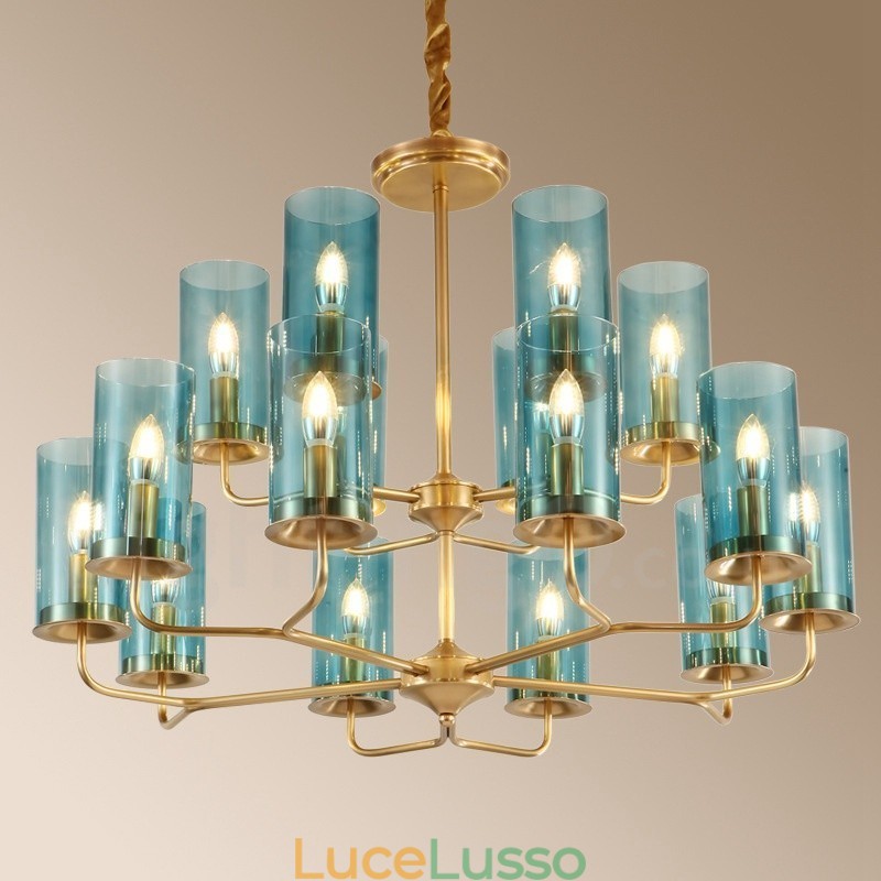 Lampadario a sospensione in ottone rustico retrò da 16 luci con paralume in vetro