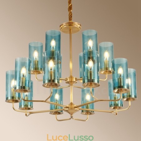 Lampadario a sospensione in ottone rustico retrò da 16 luci con paralume in vetro Lampadario a sospensione in ottone rustico retrò da 16 luci con paralume in vetro