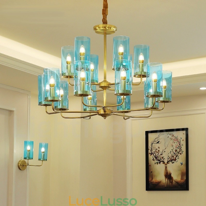 Lampadario a sospensione in ottone rustico retrò da 16 luci con paralume in vetro